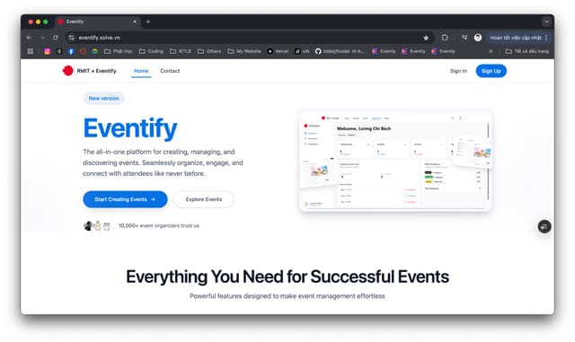 Eventify application interface showing event management dashboard